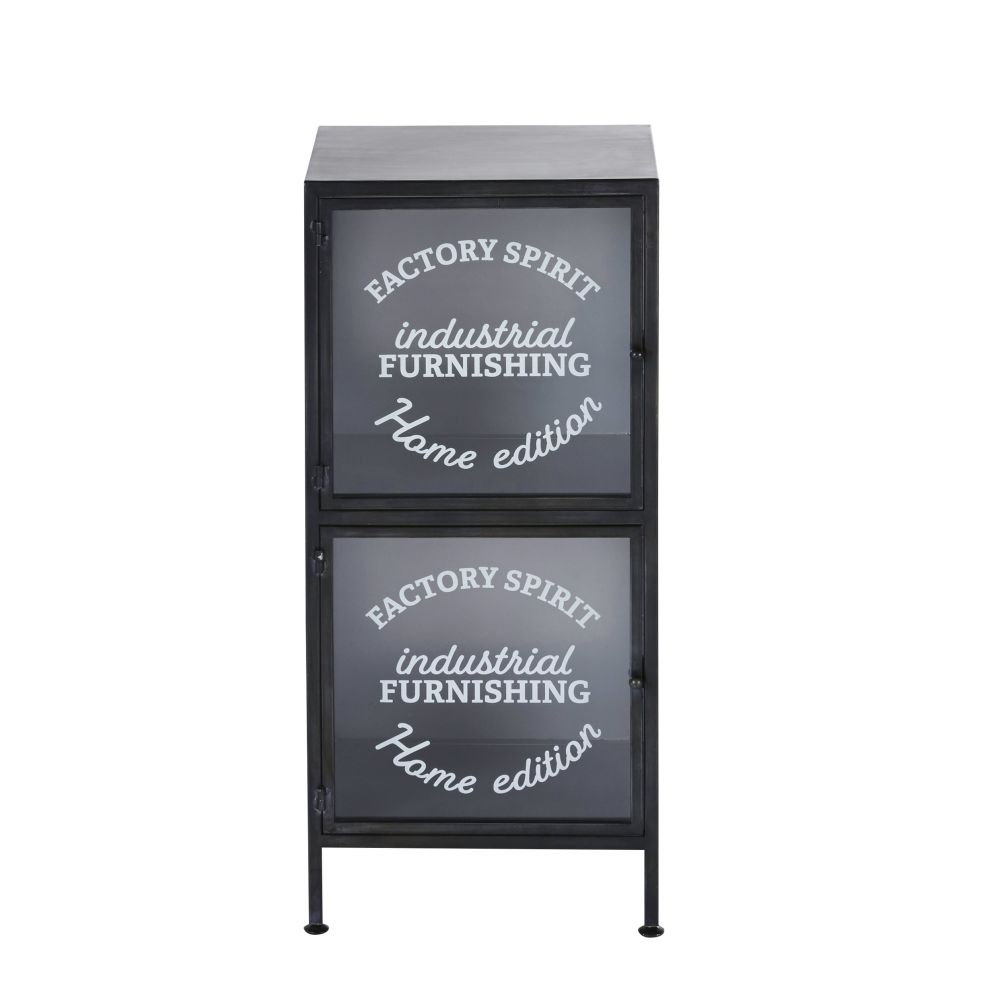 Petit meuble de rangement en métal noir et verre imprimé Petit meuble de rangement en métal noir et verre imprimé