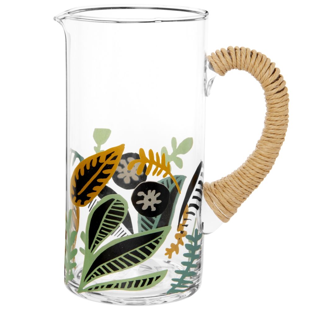 Pichet en verre motif végétal vert olive et noir et anse en raphia 1.4L Pichet en verre motif végétal vert olive et noir et anse en raphia 1.4L