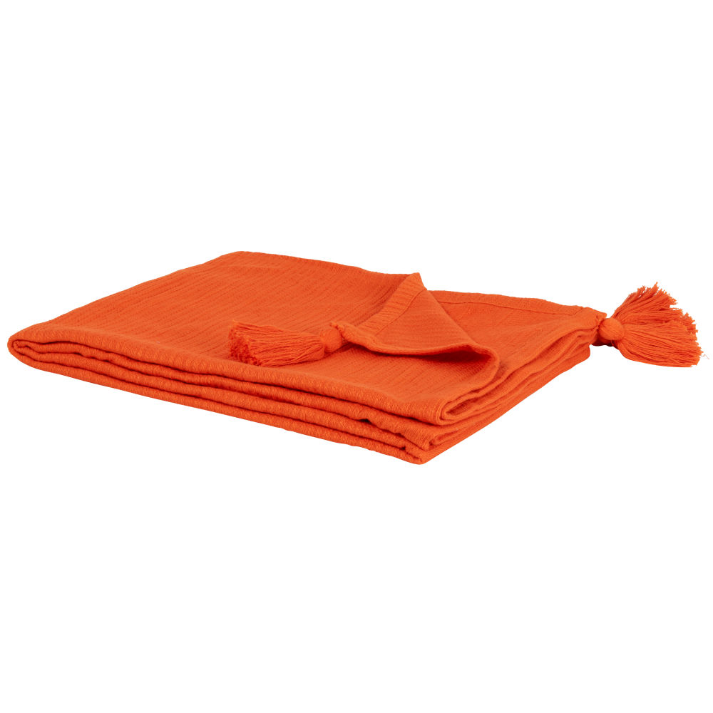 Plaid en coton avec pompons orange 130x170