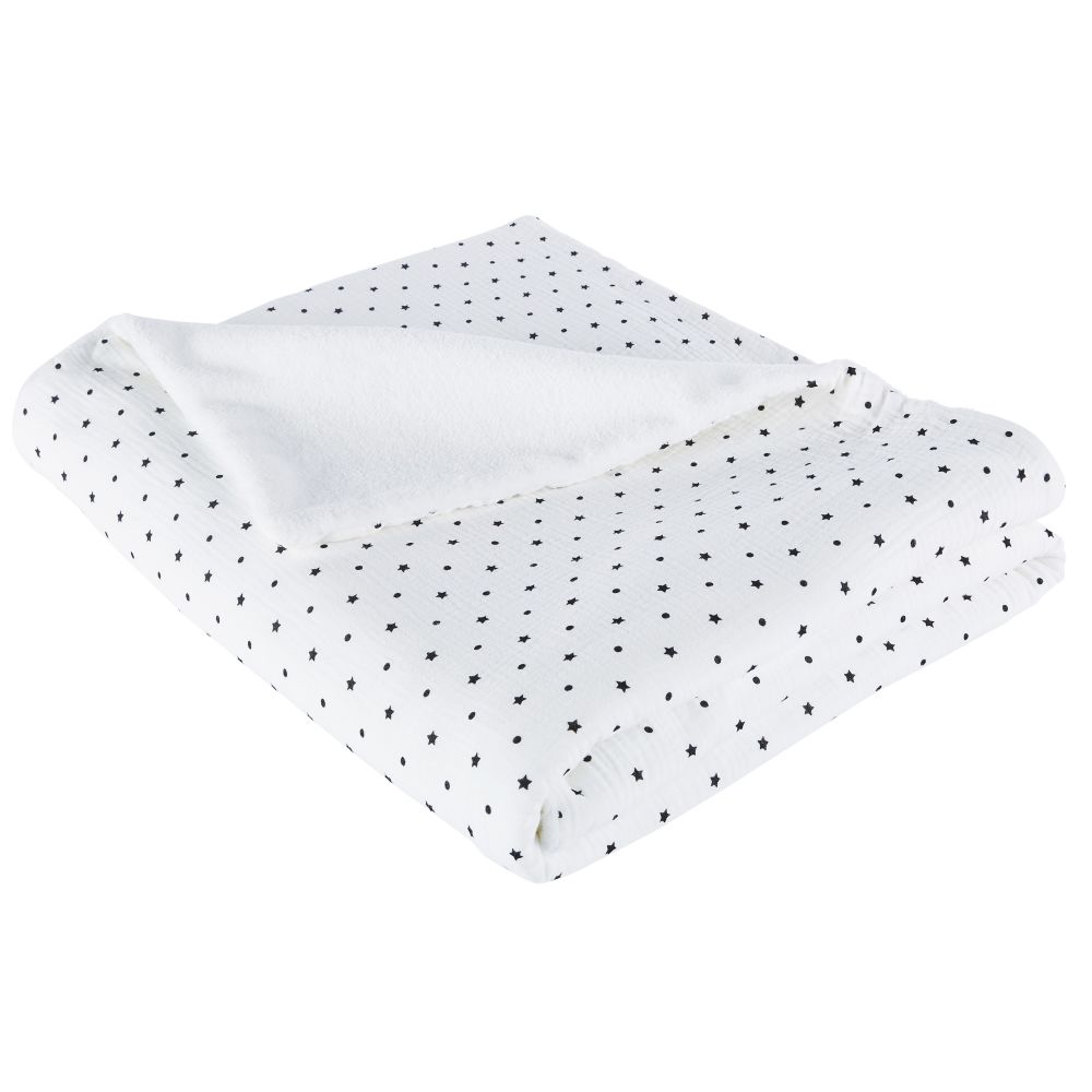 Plaid en coton bio blanc motifs pois et étoiles noirs 130x170 Plaid en coton bio blanc motifs pois et étoiles noirs 130x170