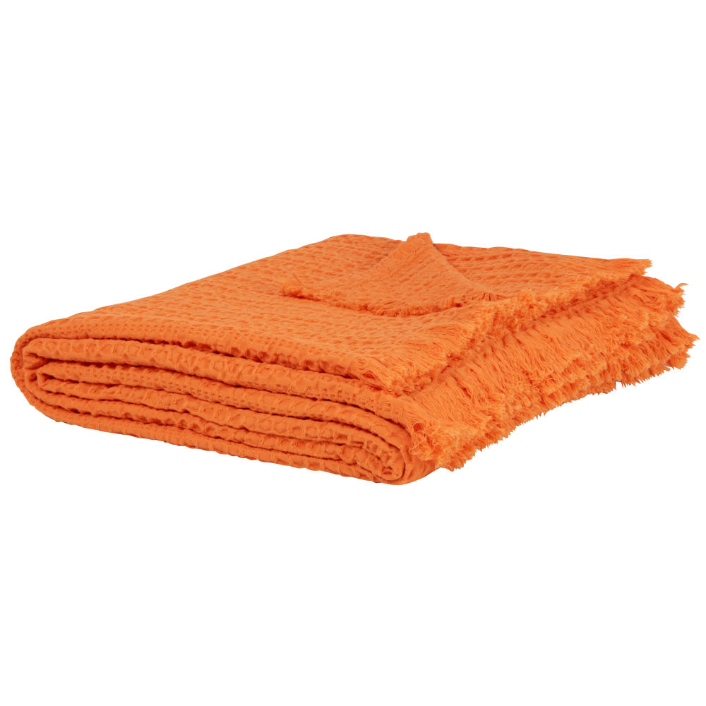 Plaid en coton biologique gaufré à franges orange 160x210