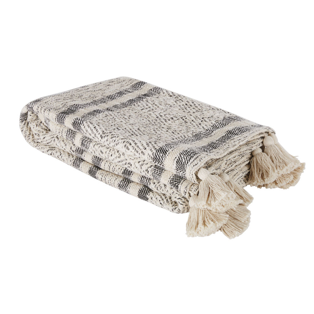 Plaid en coton noir, écru et lurex doré avec pompons 160x210 Plaid en coton noir, écru et lurex doré avec pompons 160x210