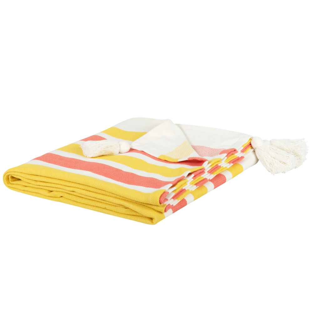 Plaid en coton tissé à rayures écrues, corail et jaunes 160x210 Plaid en coton tissé à rayures écrues, corail et jaunes 160x210