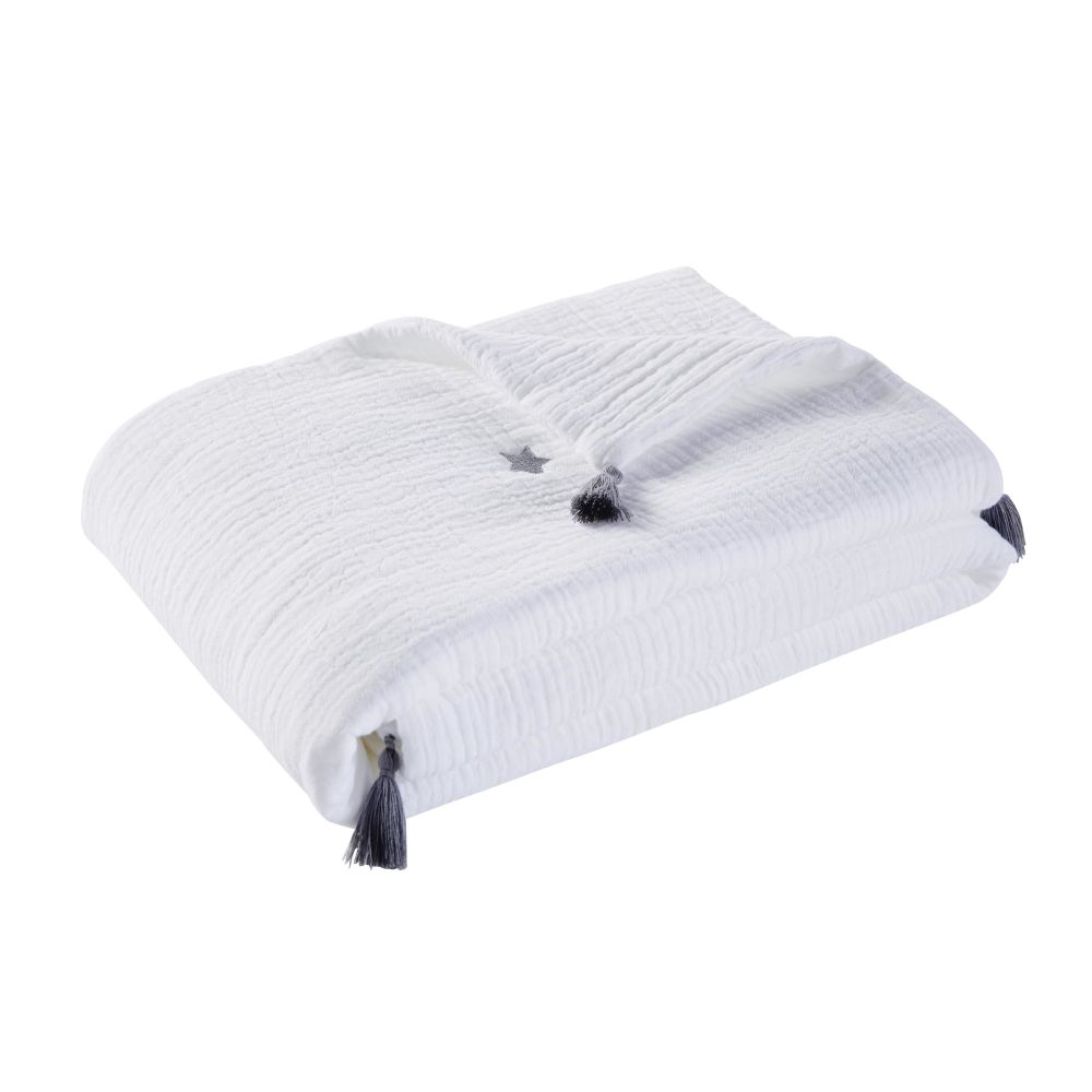 Plaid en gaze de coton blanc motif étoiles grises brodé 75x100 (photo) Plaid en gaze de coton blanc motif étoiles grises brodé 75x100