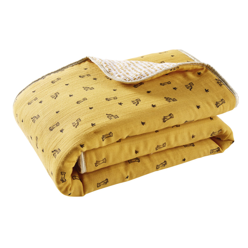 Plaid en gaze de coton écru et jaune moutarde à motifs 75x100 (photo) Plaid en gaze de coton écru et jaune moutarde à motifs 75x100