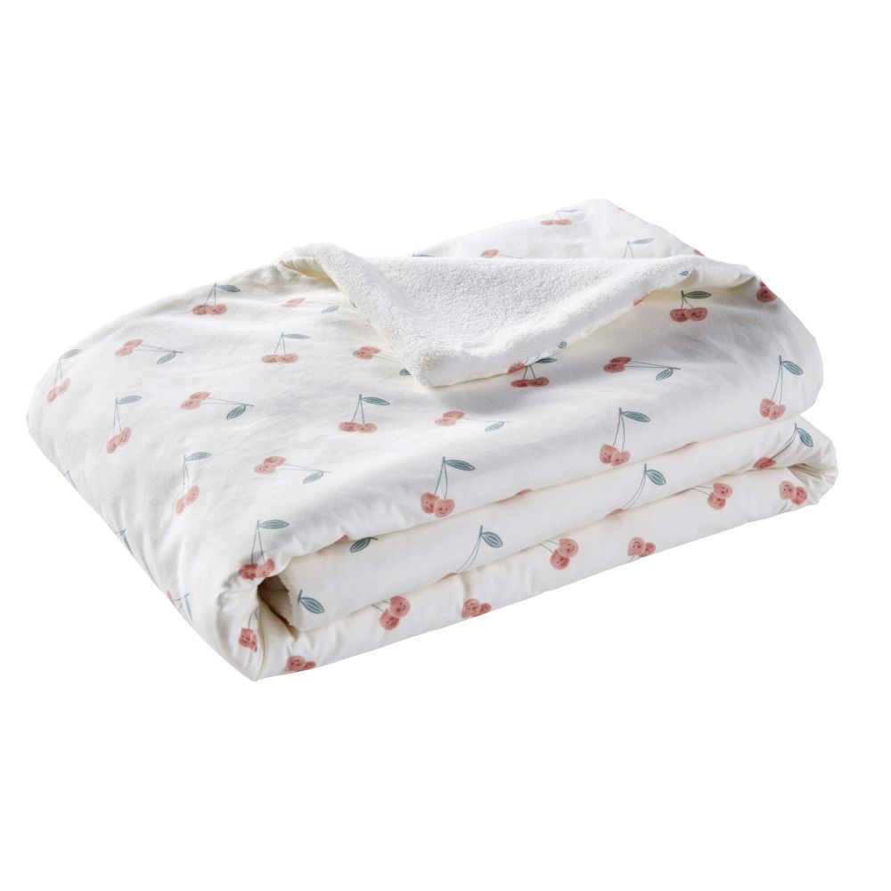 Plaid en popeline de coton blanc imprimé cerises 75x100 (photo) Plaid en popeline de coton blanc imprimé cerises 75x100