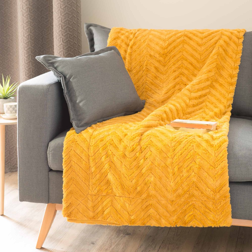 Plaid imitation fourrure jaune moutarde 130x170 Plaid imitation fourrure jaune moutarde 130x170