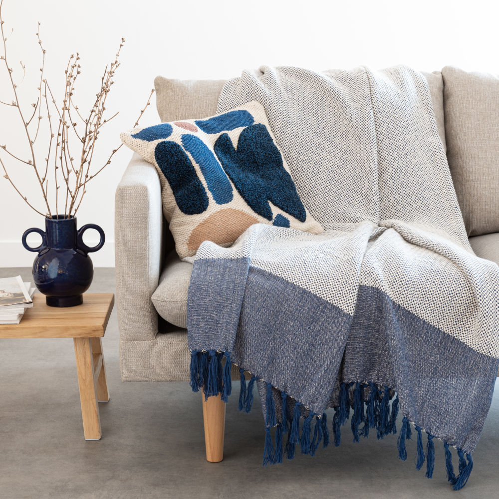 Plaid tissé en coton à franges bleues 160x210 Plaid tissé en coton à franges bleues 160x210