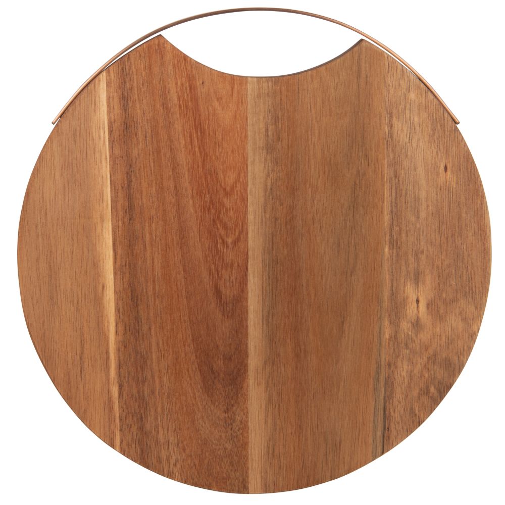 Planche à découper ronde en acacia et anse en métal cuivré Planche à découper ronde en acacia et anse en métal cuivré