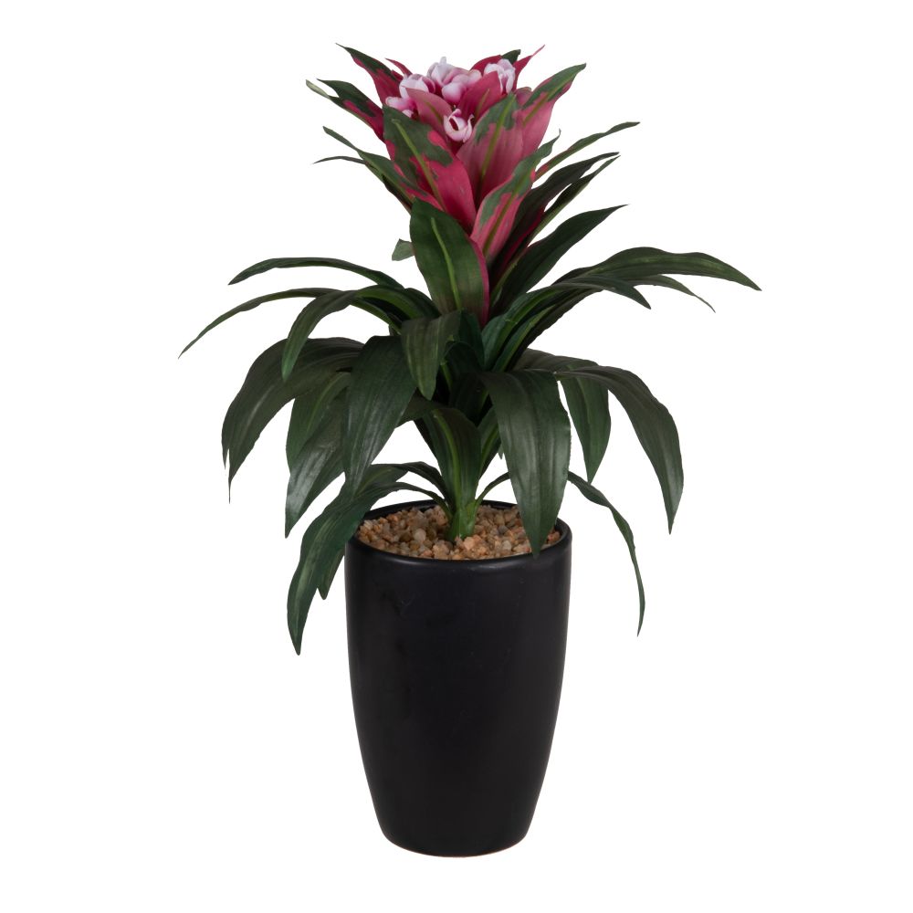 Plante artificielle verte et fleur rouge avec pot noir