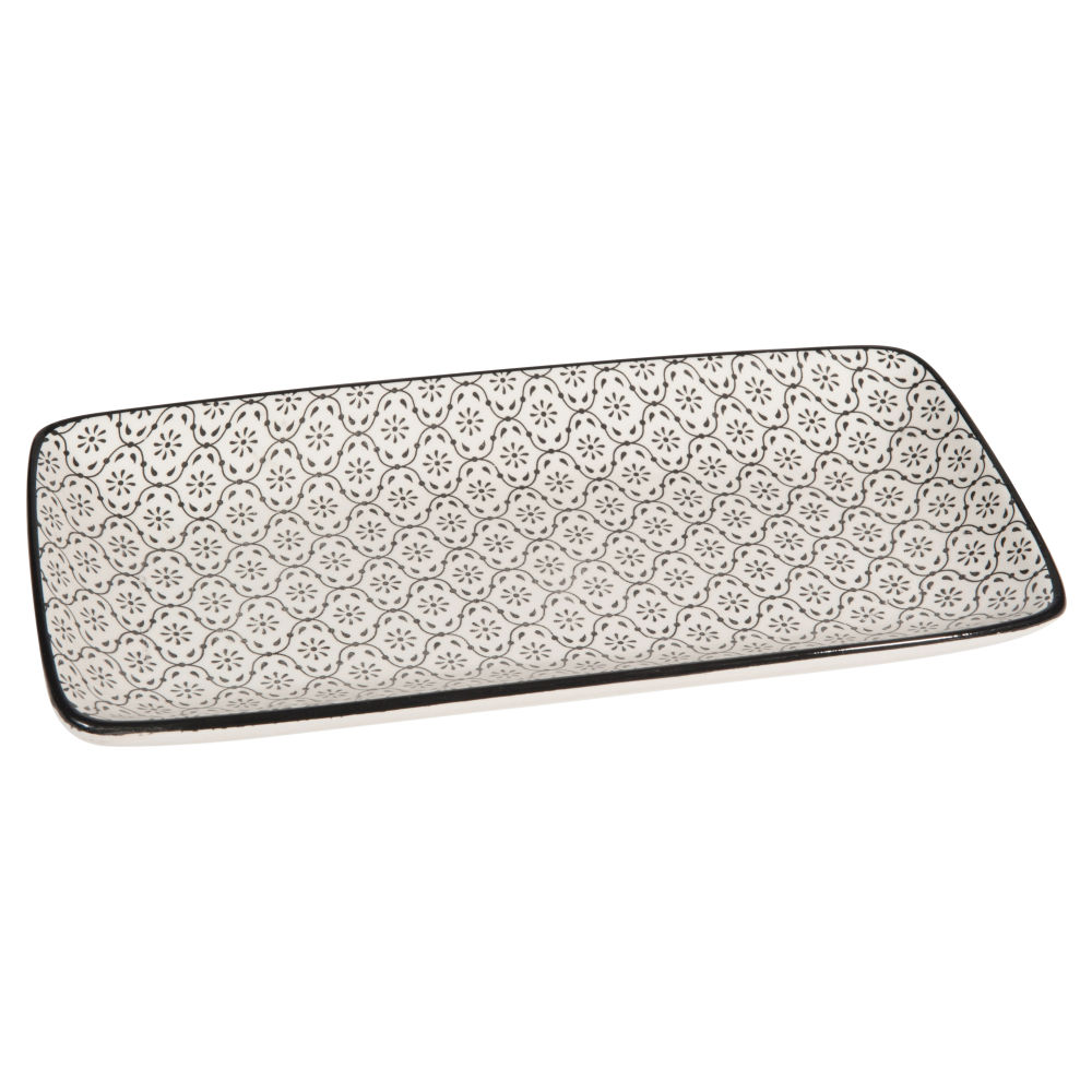 Plat à cake en faïence à motifs noirs et blancs