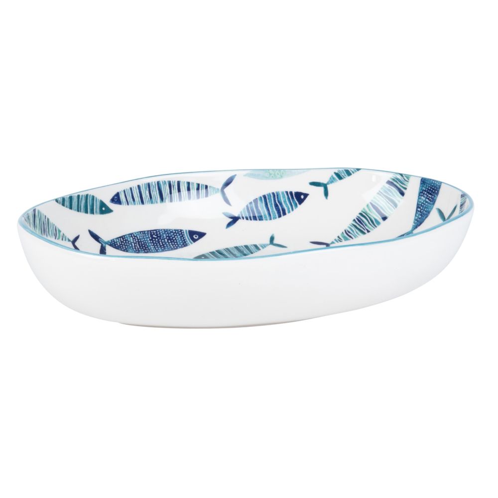 Plat ovale en faïence blanche motifs poissons bleus