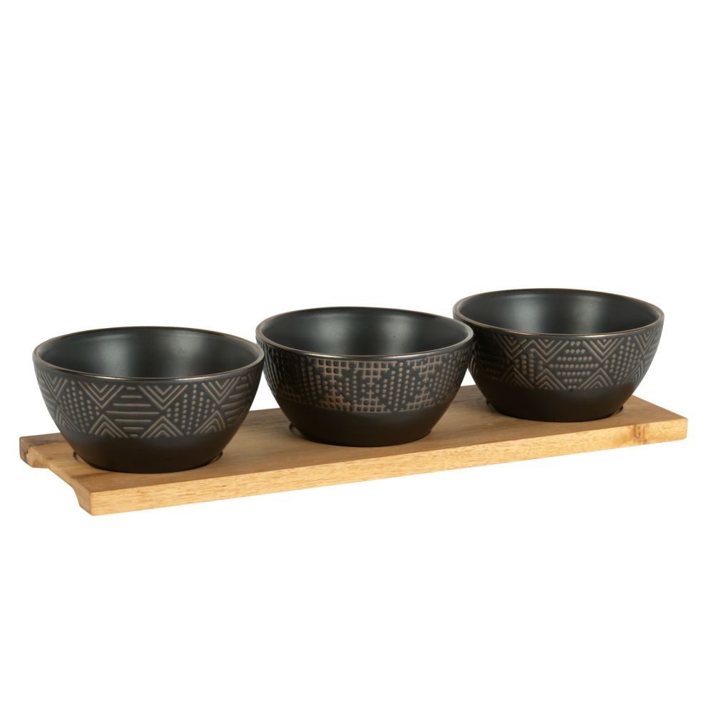 Plateau apéritif en acacia 3 bols en faïence noire motifs dorés