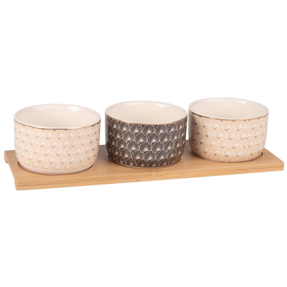 Plateau apéritif en bambou 3 bols en faïence motifs graphiques Plateau apéritif en bambou 3 bols en faïence motifs graphiques