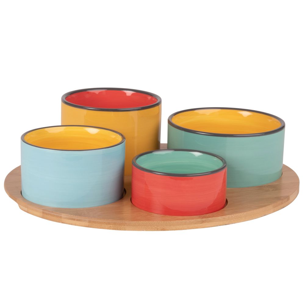 Plateau apéritif en bambou 4 coupelles en faïence colorée Plateau apéritif en bambou 4 coupelles en faïence colorée