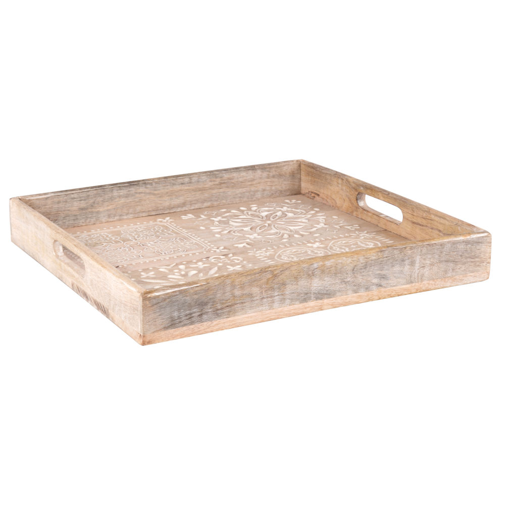 Plateau en manguier gravé blanc à motifs 38x38 (photo) Plateau en manguier gravé blanc à motifs 38x38