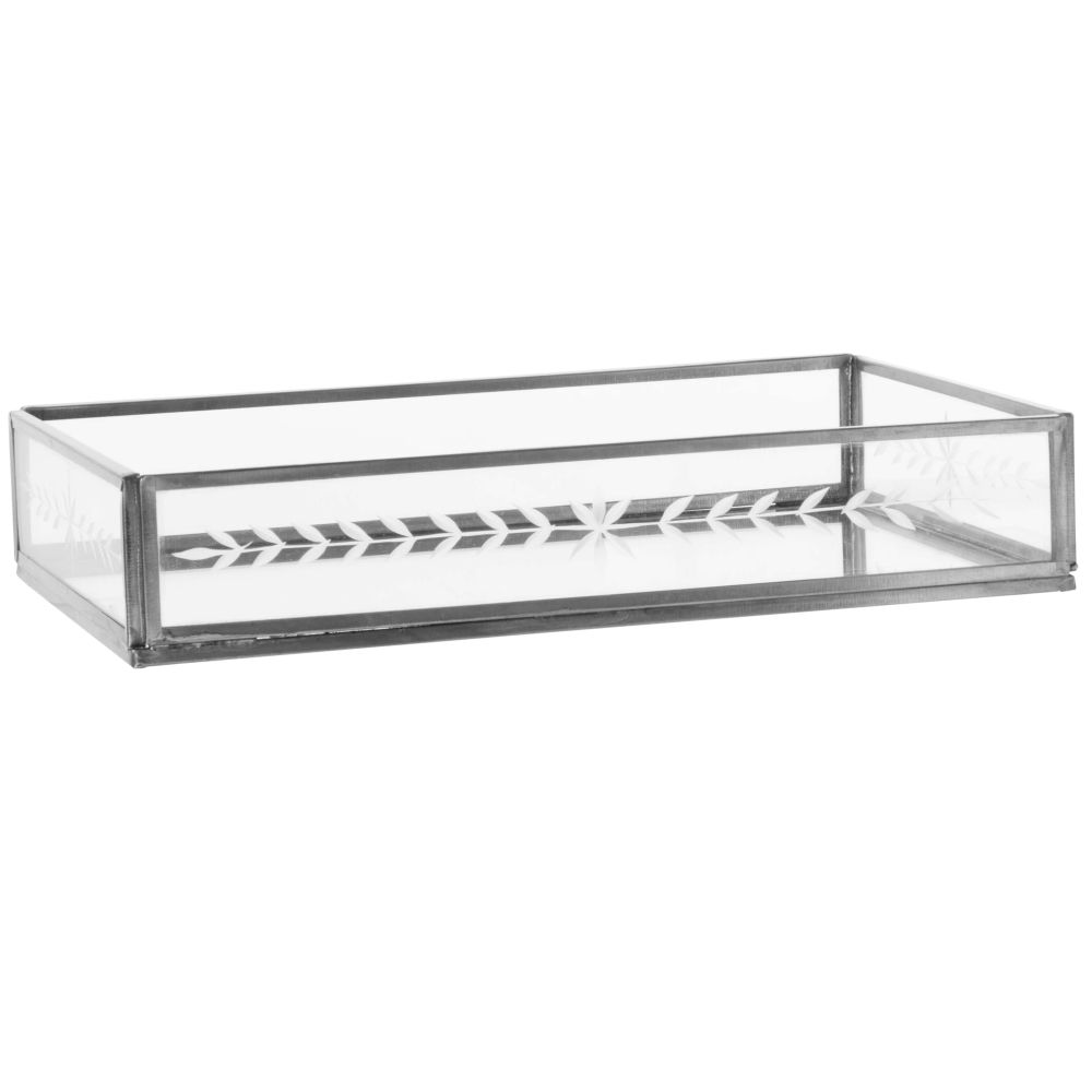 Plateau rectangulaire en verre et métal noir ajouré L23 Plateau rectangulaire en verre et métal noir ajouré L23