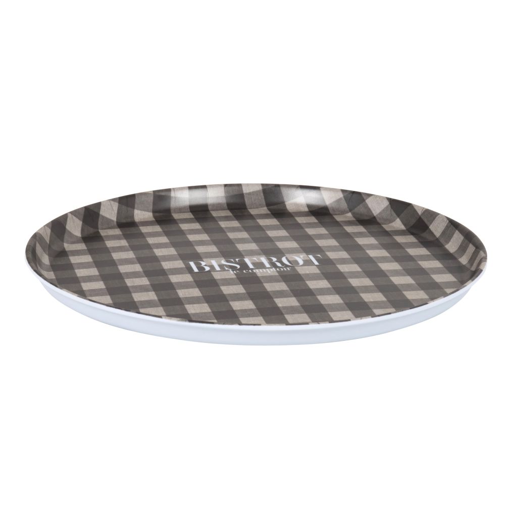 Plateau rond en mélamine motifs à carreaux noirs et beiges