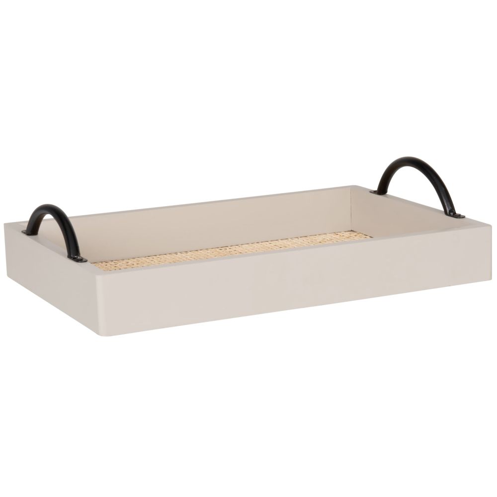 Plateau taupe avec cannage en rotin et métal noir