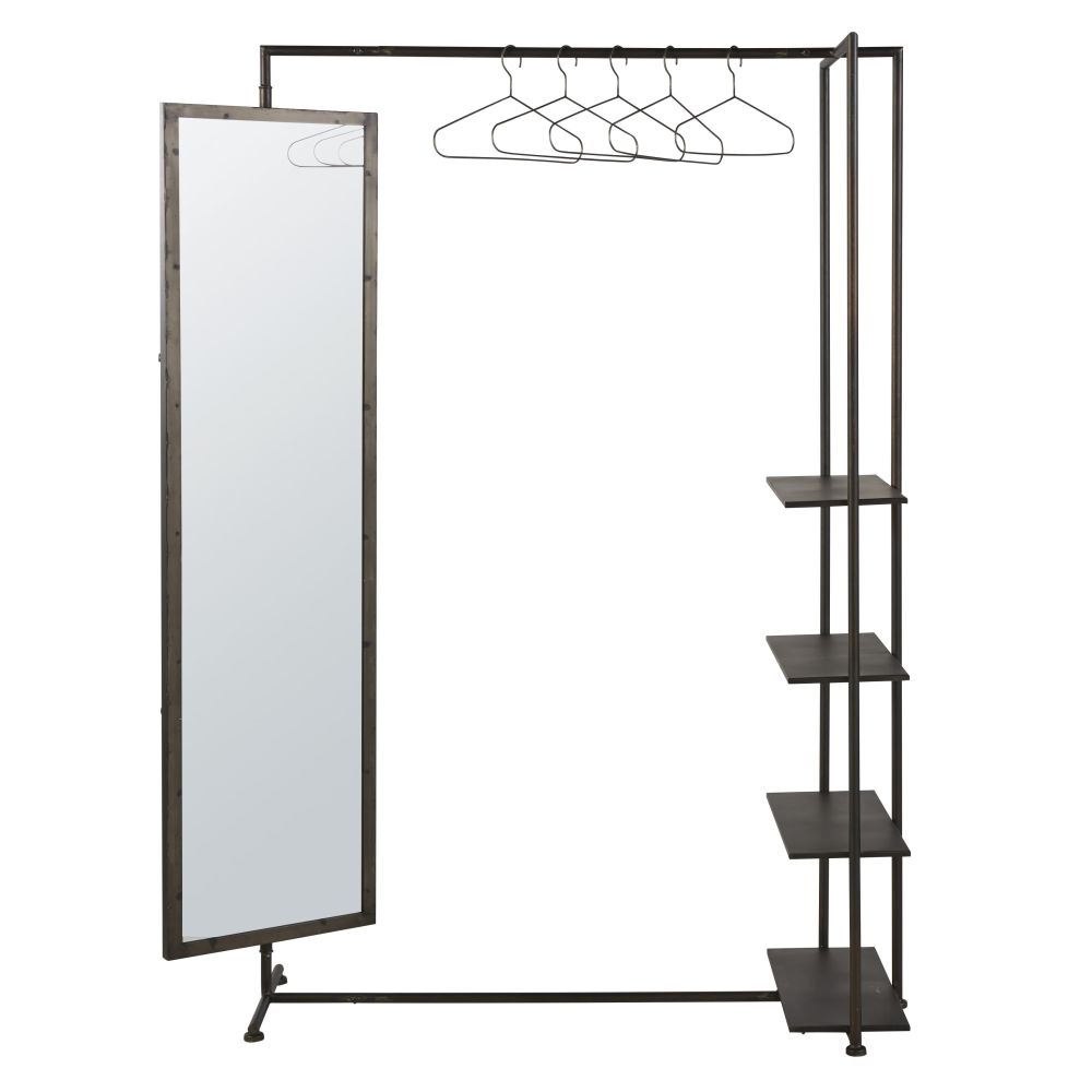 Portant en métal noir avec miroir et étagères Portant en métal noir avec miroir et étagères