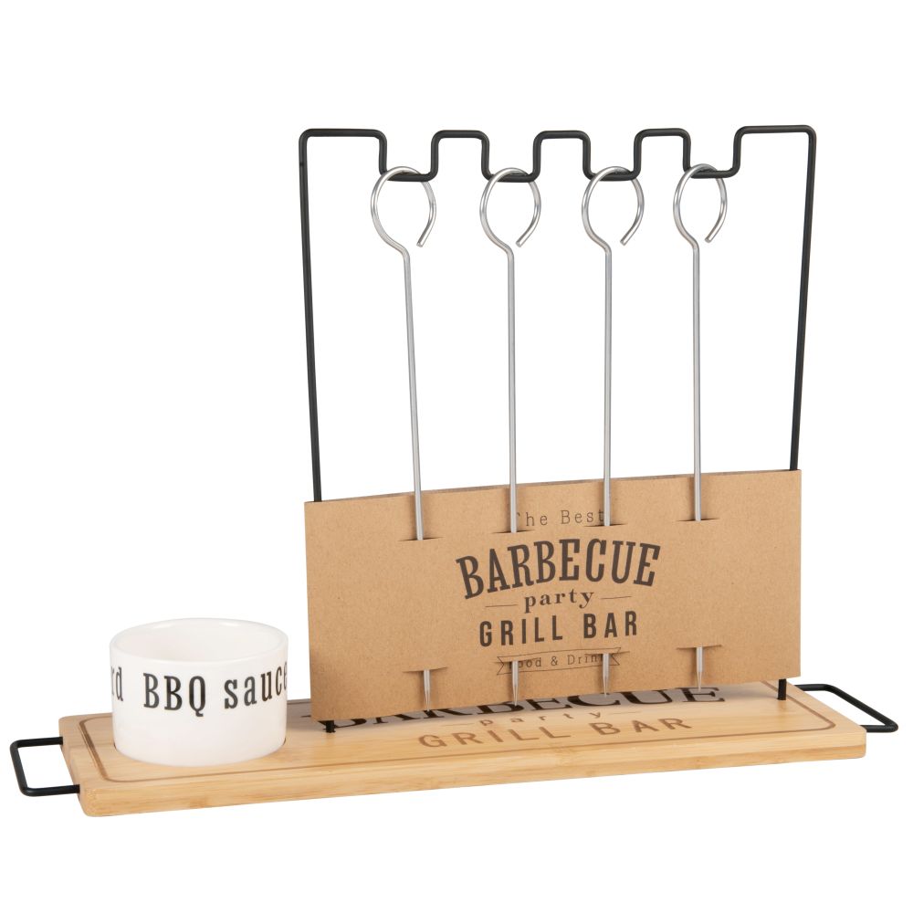 Porte-brochettes pour barbecue avec coupelle à sauce en porcelaine