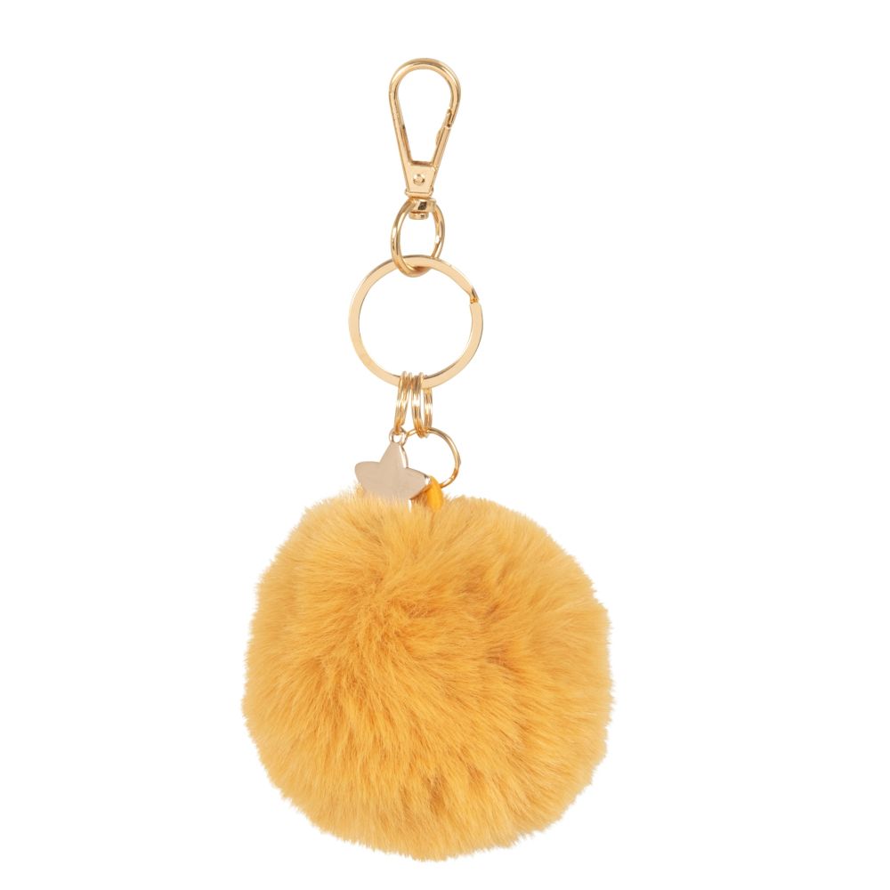 Porte-clés pompon imitation fourrure jaune et breloques dorées Porte-clés pompon imitation fourrure jaune et breloques dorées