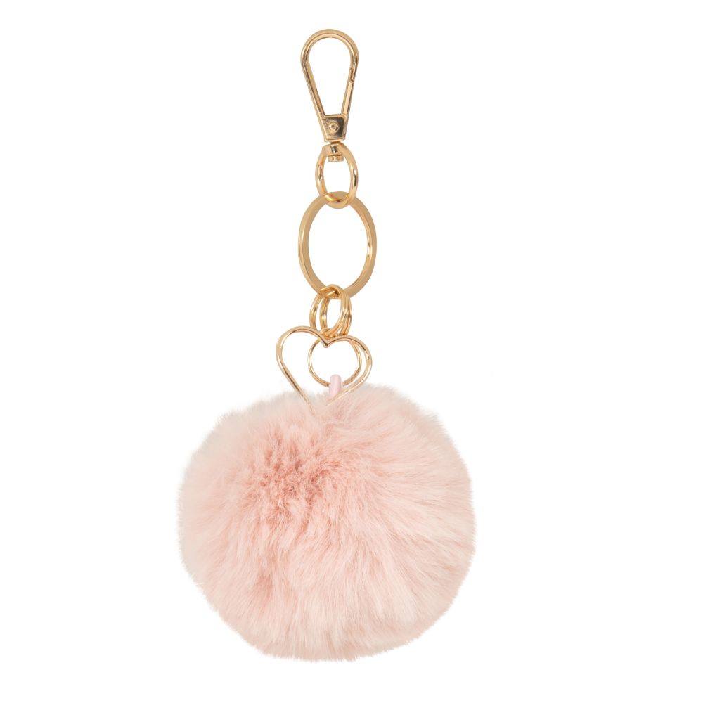 Porte-clés pompon imitation fourrure rose et breloques dorées