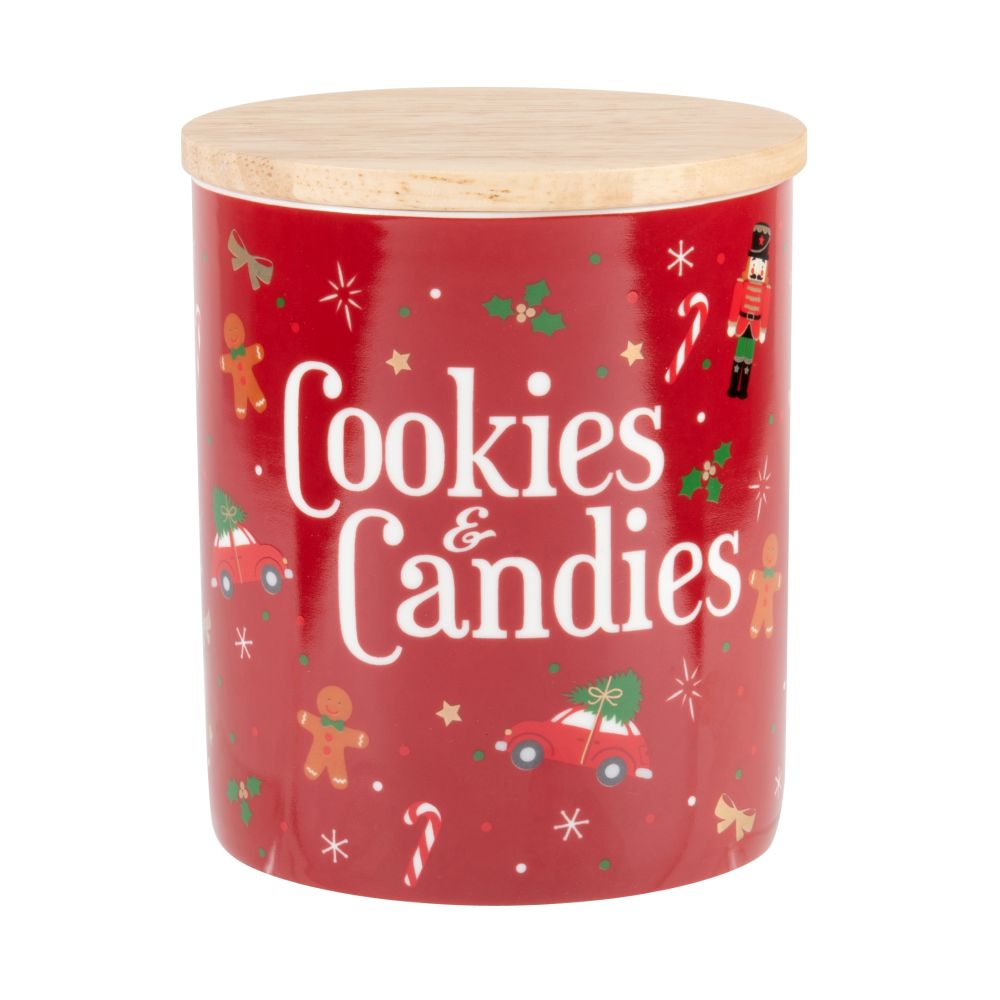 Pot à cookies en porcelaine motifs de Noël rouges, dorés et verts H13 Pot à cookies en porcelaine motifs de Noël rouges, dorés et verts H13