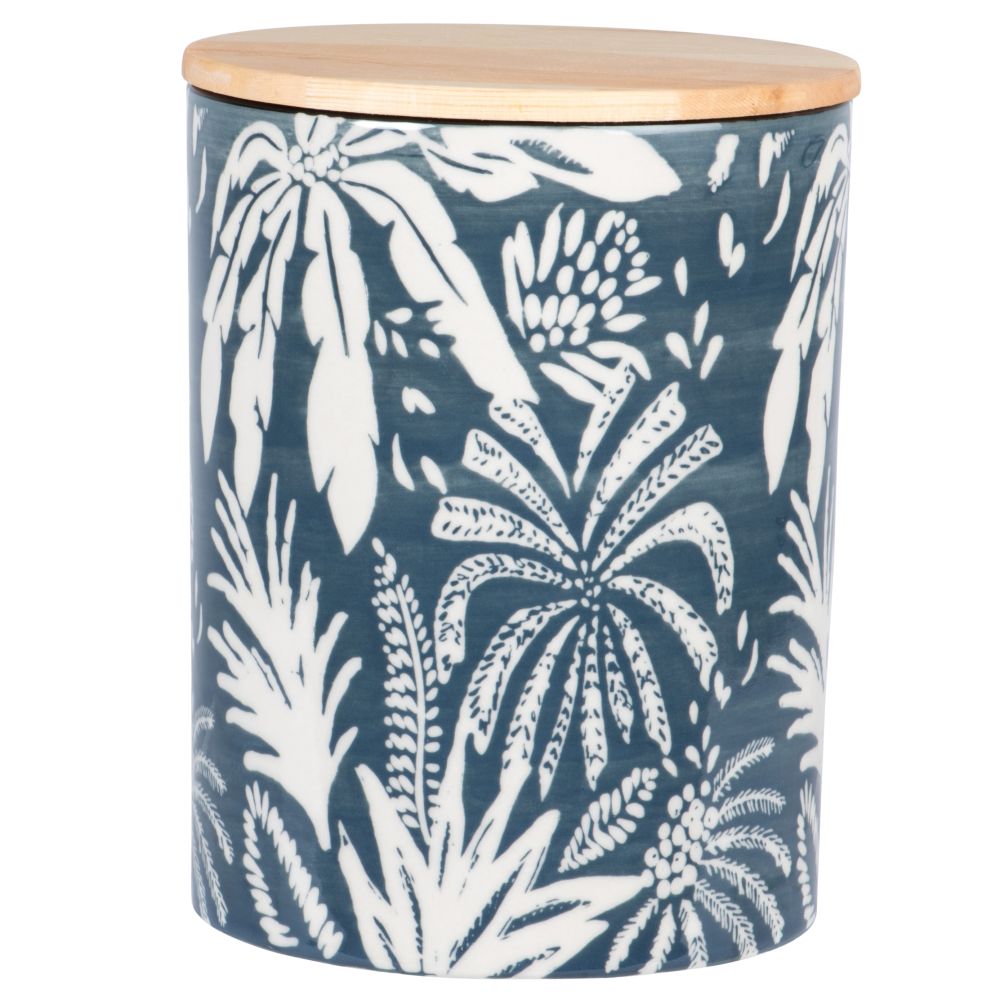 Pot en faïence blanche et bleu clair motif végétal et couvercle en chêne H16 Pot en faïence blanche et bleu clair motif végétal et couvercle en chêne H16