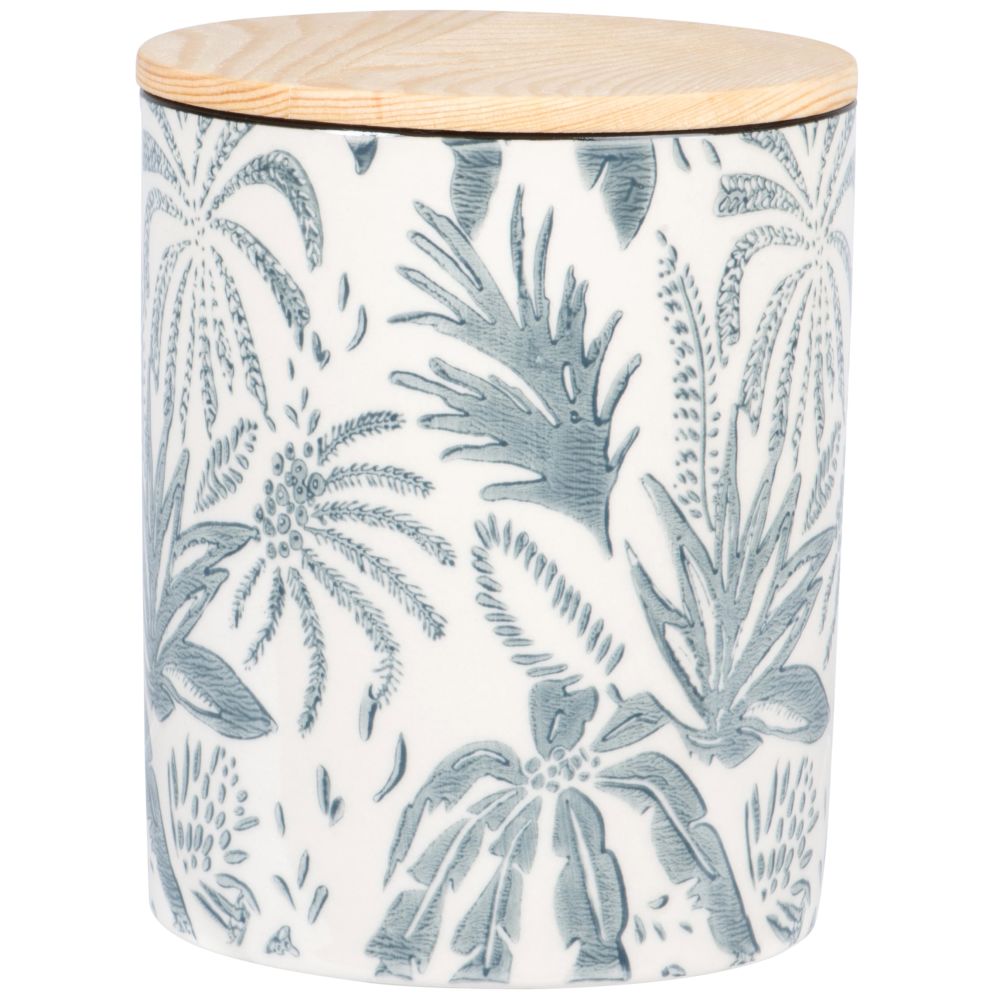 Pot en faïence bleu clair et blanche motif végétal et couvercle en chêne H13 Pot en faïence bleu clair et blanche motif végétal et couvercle en chêne H13