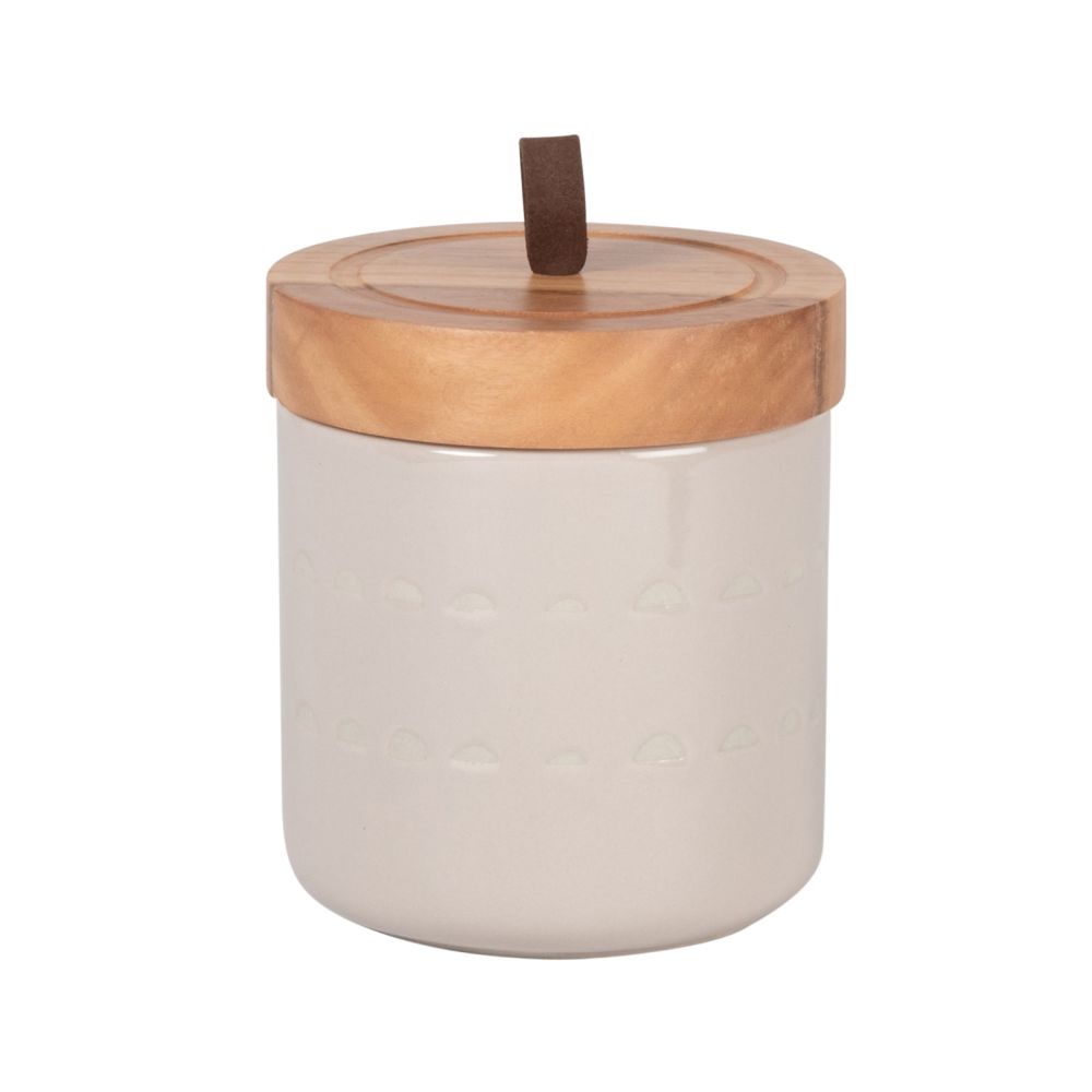 Pot en grès beige et couvercle en manguier H11 Pot en grès beige et couvercle en manguier H11