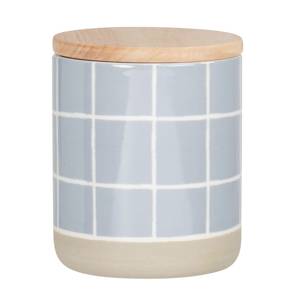 Pot en grès beige motifs quadrillés bleus et blancs H12 Pot en grès beige motifs quadrillés bleus et blancs H12