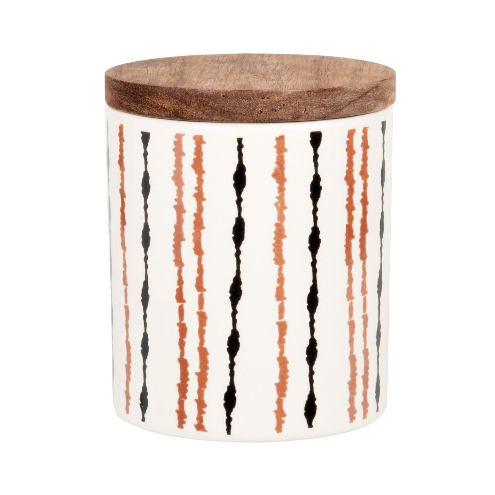 Pot en grès écru motifs graphiques noirs et marron et couvercle en acacia H11 Pot en grès écru motifs graphiques noirs et marron et couvercle en acacia H11