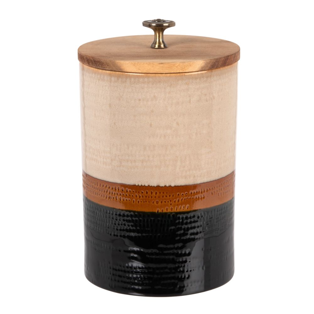 Pot en grès et bambou beige, marron et gris anthracite Pot en grès et bambou beige, marron et gris anthracite