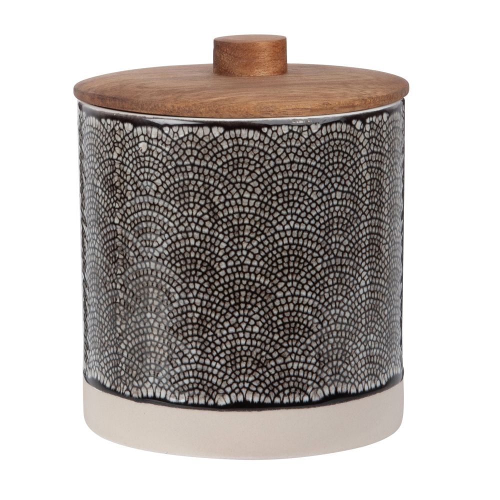 Pot en grès motifs graphiques et acacia H11 Pot en grès motifs graphiques et acacia H11