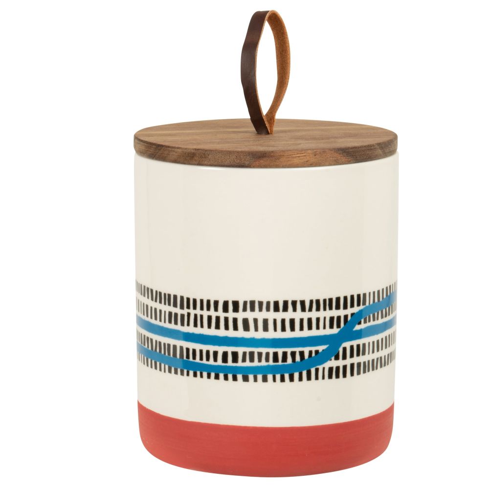 Pot en grès motifs multicolores couvercle en bois d'acacia D12 Pot en grès motifs multicolores couvercle en bois d'acacia D12