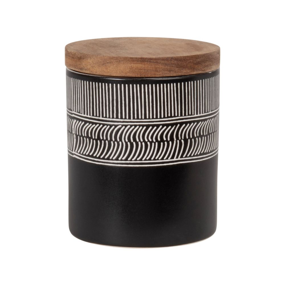 Pot en grès noir et écru et couvercle en acacia H11 Pot en grès noir et écru et couvercle en acacia H11