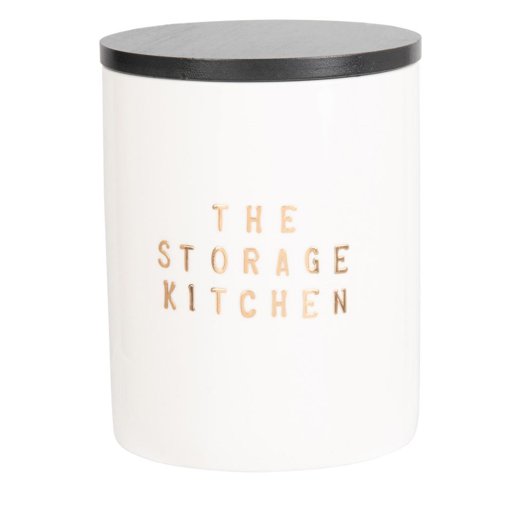 Pot en porcelaine blanche et dorée couvercle en hévéa noir H15 Pot en porcelaine blanche et dorée couvercle en hévéa noir H15
