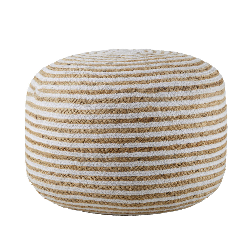 Pouf à billes en jute et coton à spirales blanches Pouf à billes en jute et coton à spirales blanches