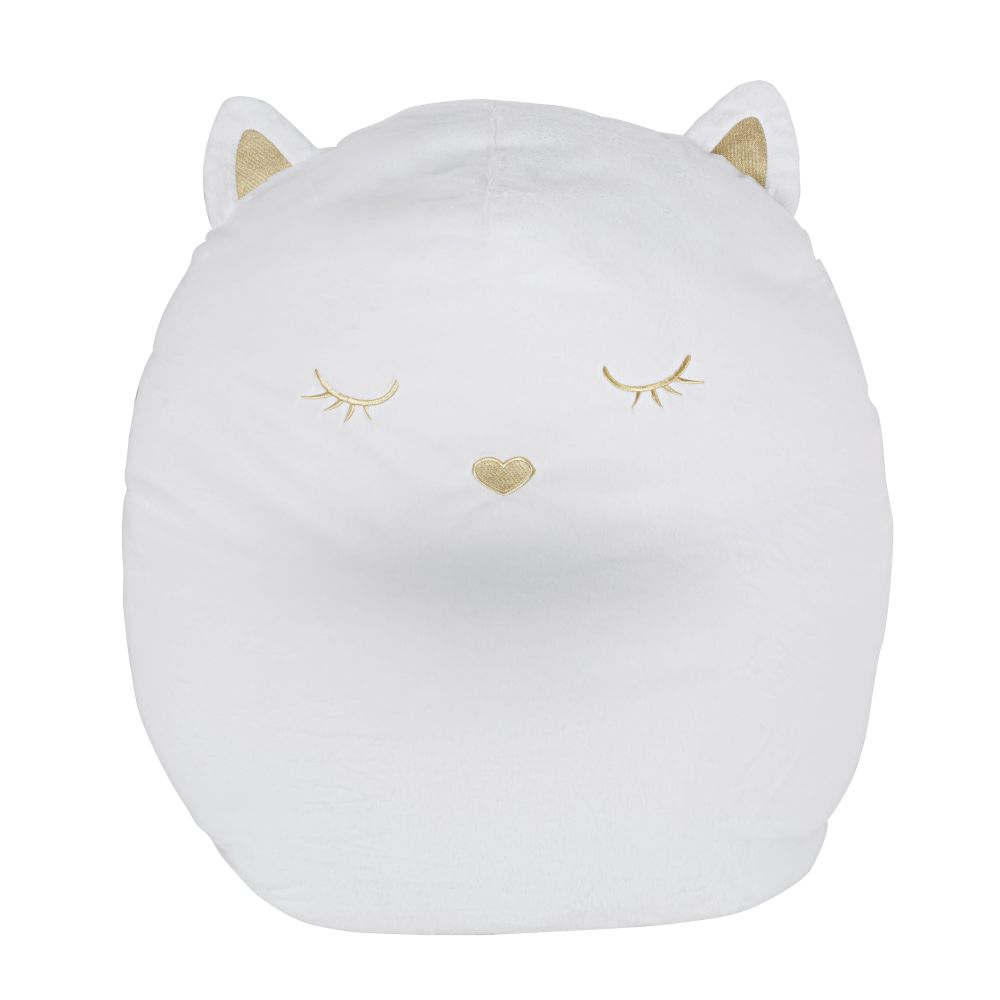 Pouf chat enfant imitation fourrure blanche brodé doré (photo) Pouf chat enfant imitation fourrure blanche brodé doré