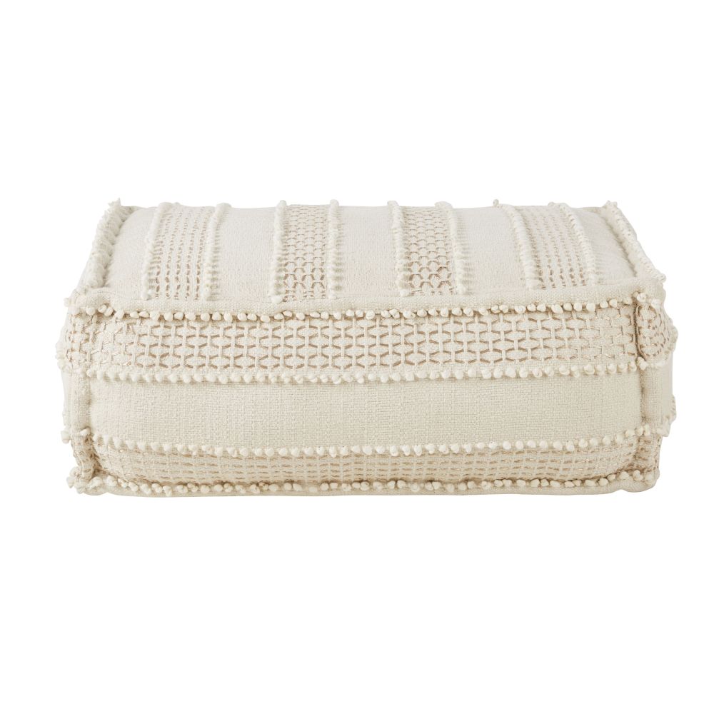 Pouf rectangulaire en coton blanc avec broderies et franges Pouf rectangulaire en coton blanc avec broderies et franges