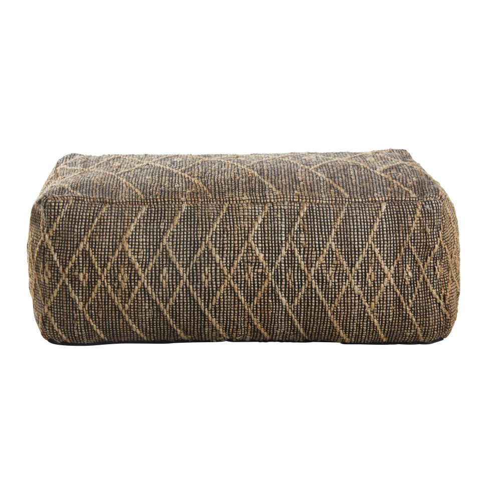 Pouf rectangulaire en jute et coton noirs et beiges à motifs graphiques Pouf rectangulaire en jute et coton noirs et beiges à motifs graphiques