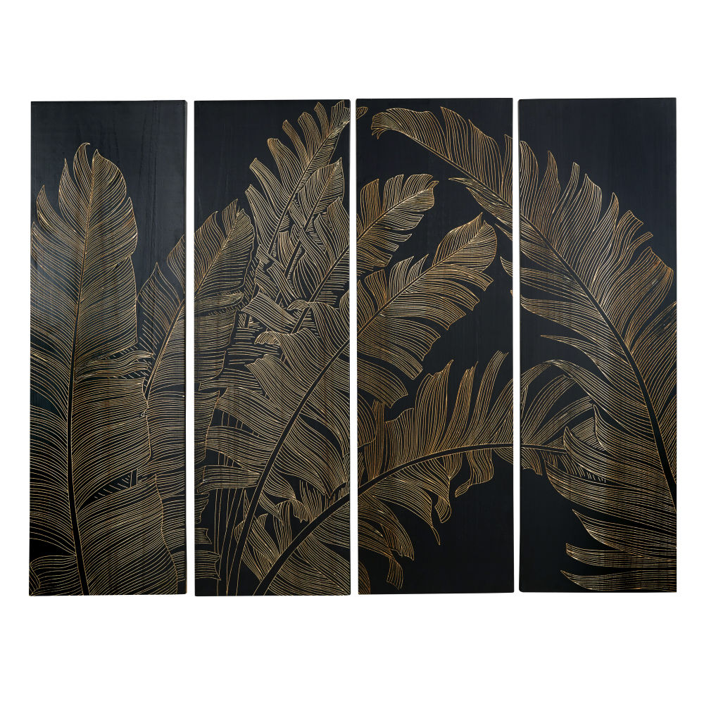 Quadriptyque feuillage gravé en paulownia noir 153x120 Quadriptyque feuillage gravé en paulownia noir 153x120
