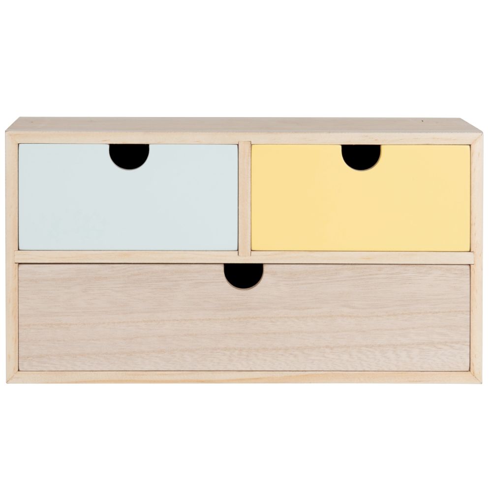 Rangement de bureau 3 tiroirs beige bois, jaune et bleu clair