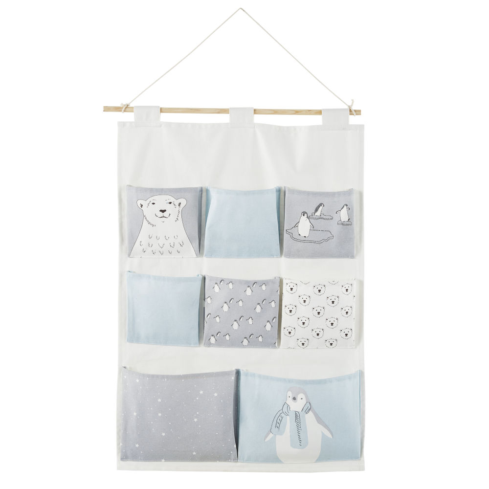 Rangement mural bébé 8 poches en coton blanc, gris et bleu à motifs Rangement mural bébé 8 poches en coton blanc, gris et bleu à motifs