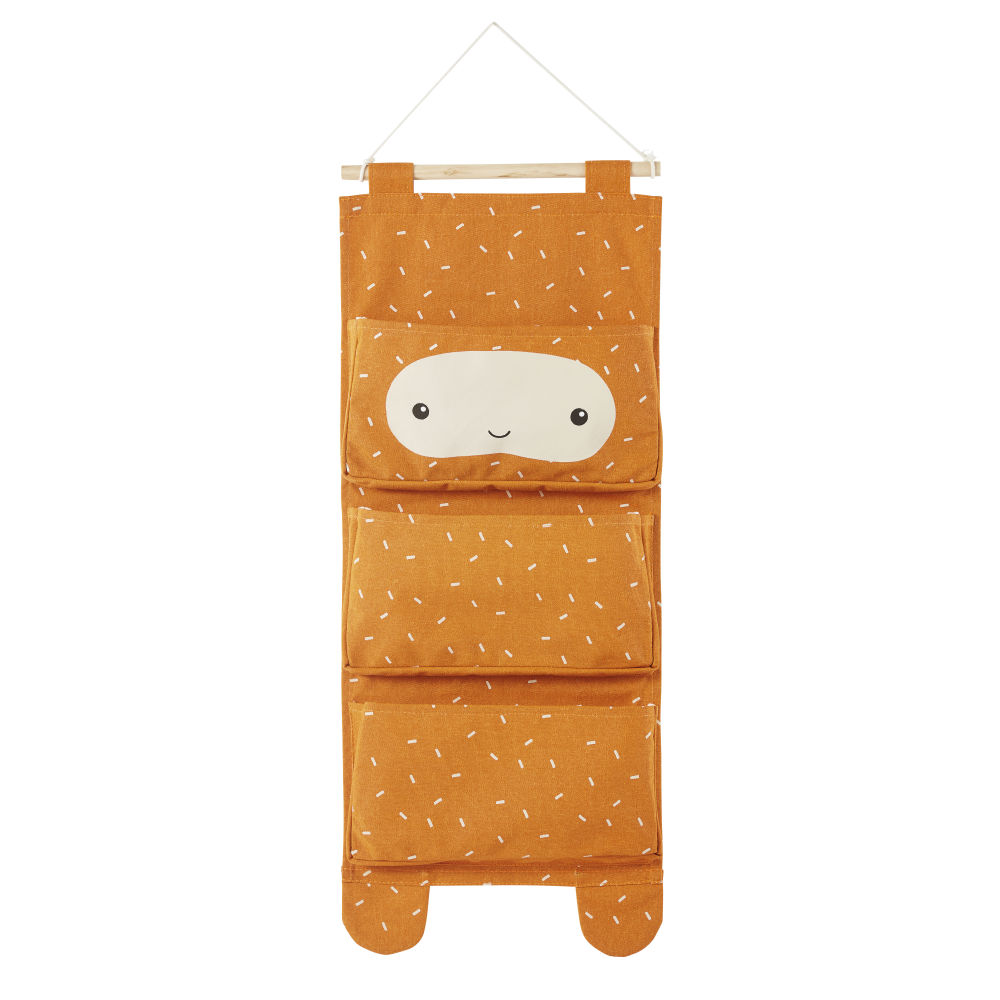 Rangement mural enfant 3 poches en coton orange et beige à motifs Rangement mural enfant 3 poches en coton orange et beige à motifs
