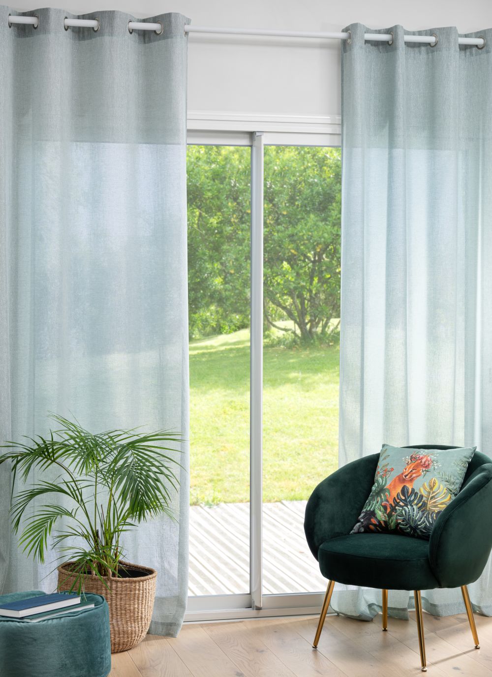 Rideau voilage à œillets en coton et lin bleu vert avec poudre argentée à l'unité 140x250 Rideau voilage à œillets en coton et lin bleu vert avec poudre argentée à l'unité 140x250