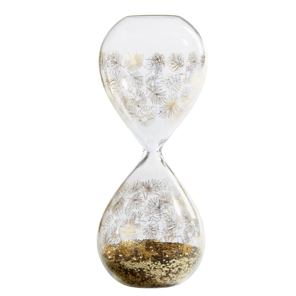 Sablier à paillettes dorées en verre imprimé feuilles (photo) Sablier à paillettes dorées en verre imprimé feuilles
