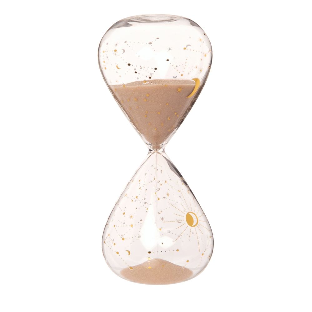 Sablier en verre motifs lune et soleil dorés Sablier en verre motifs lune et soleil dorés