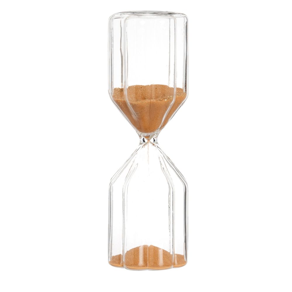 Sablier en verre ondulé avec sable corail et paillettes dorées Sablier en verre ondulé avec sable corail et paillettes dorées